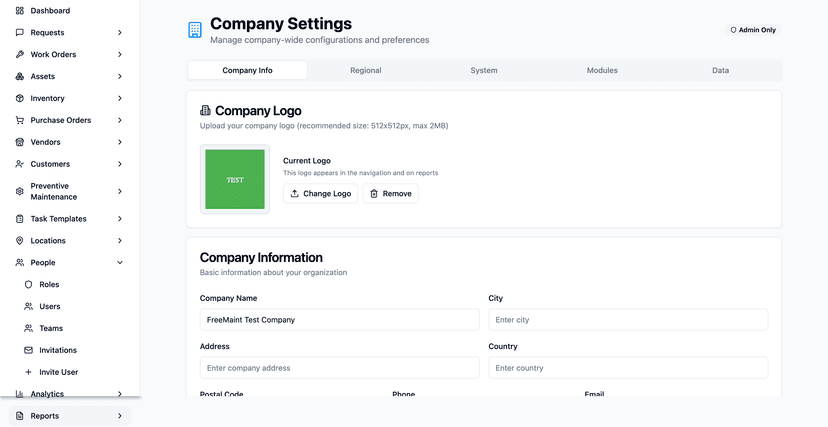 Settings & Configuration: Company Settings - FreeMaint Docs