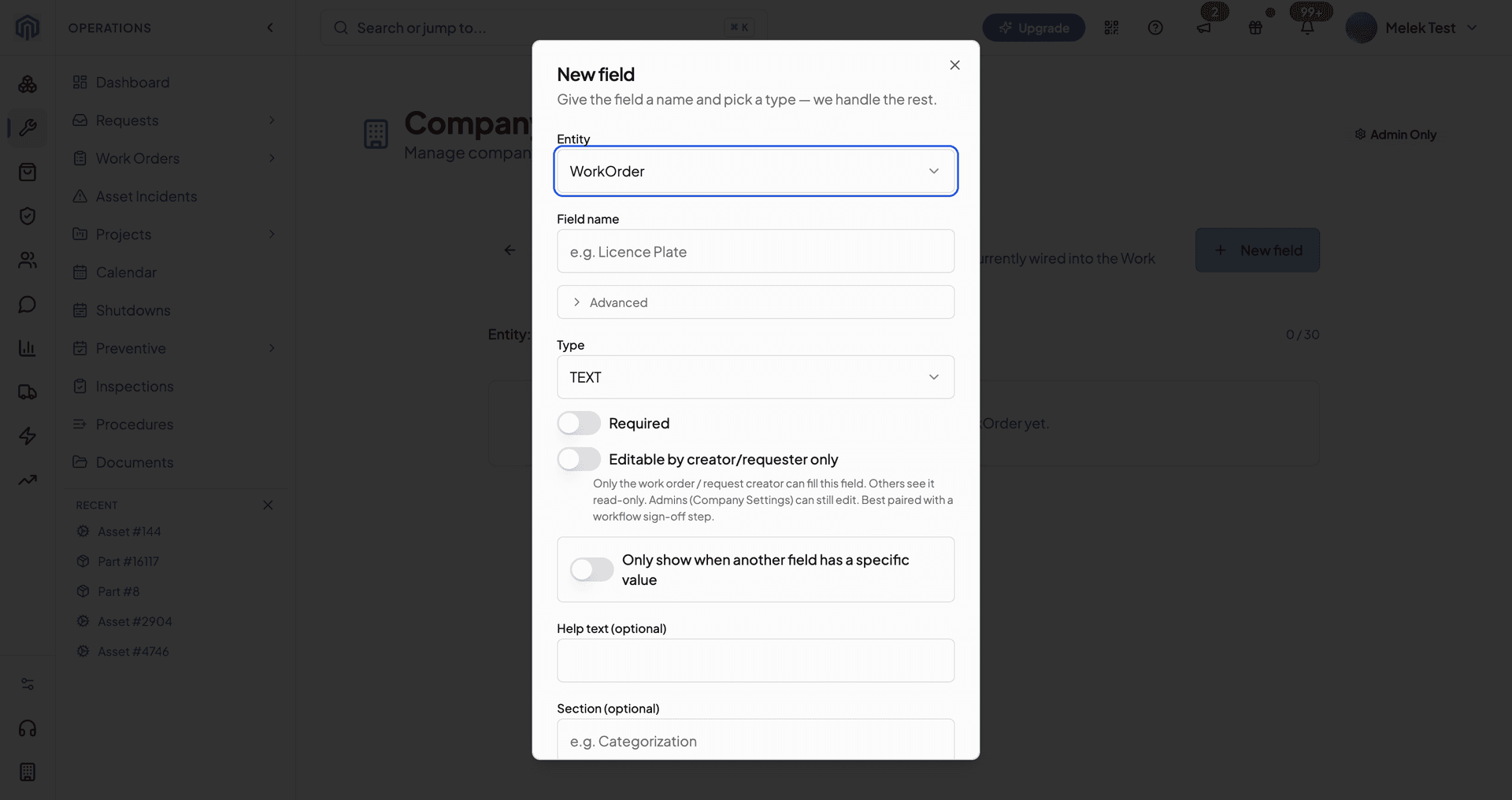 New custom field dialog