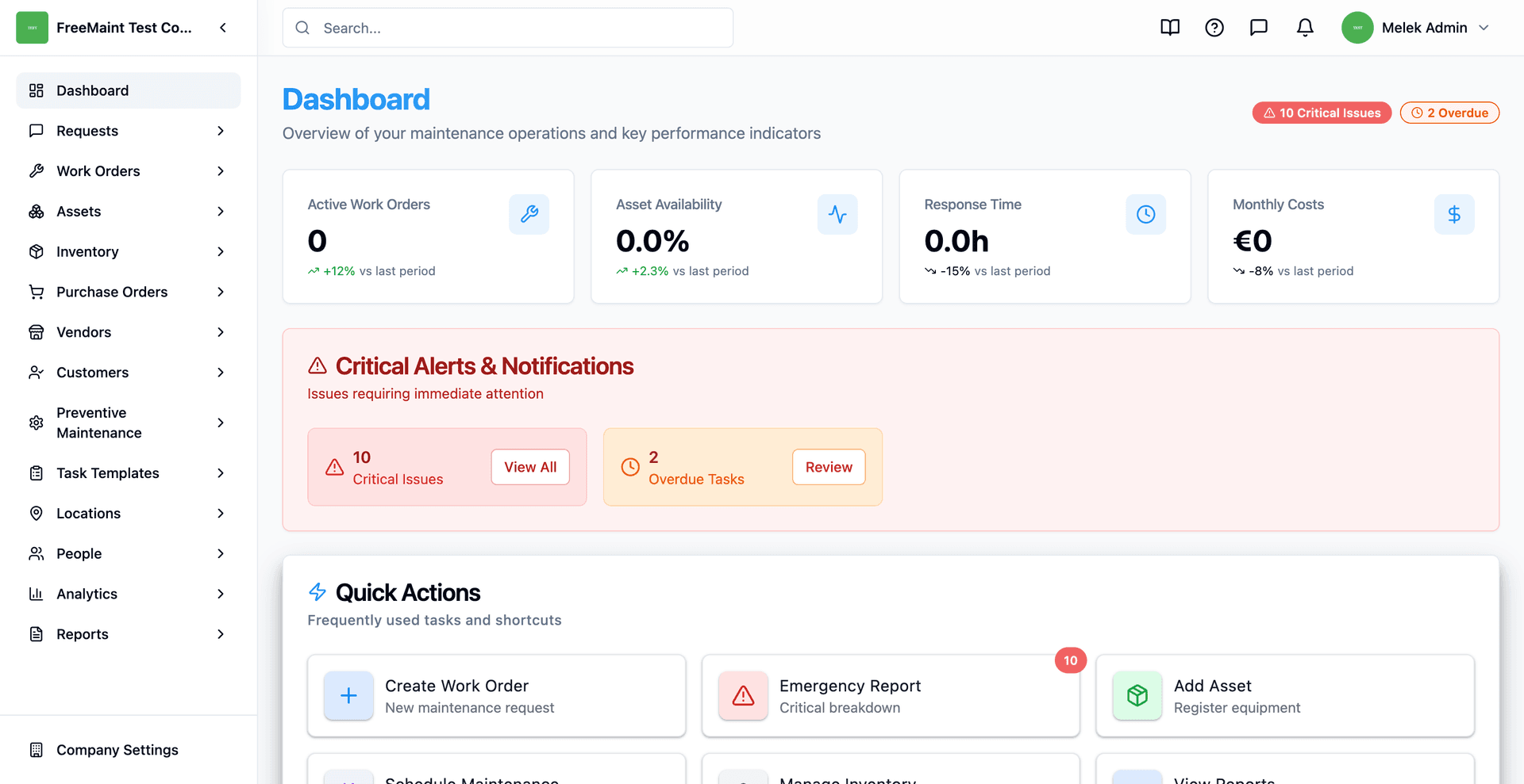 FreeMaint Dashboard Overview
