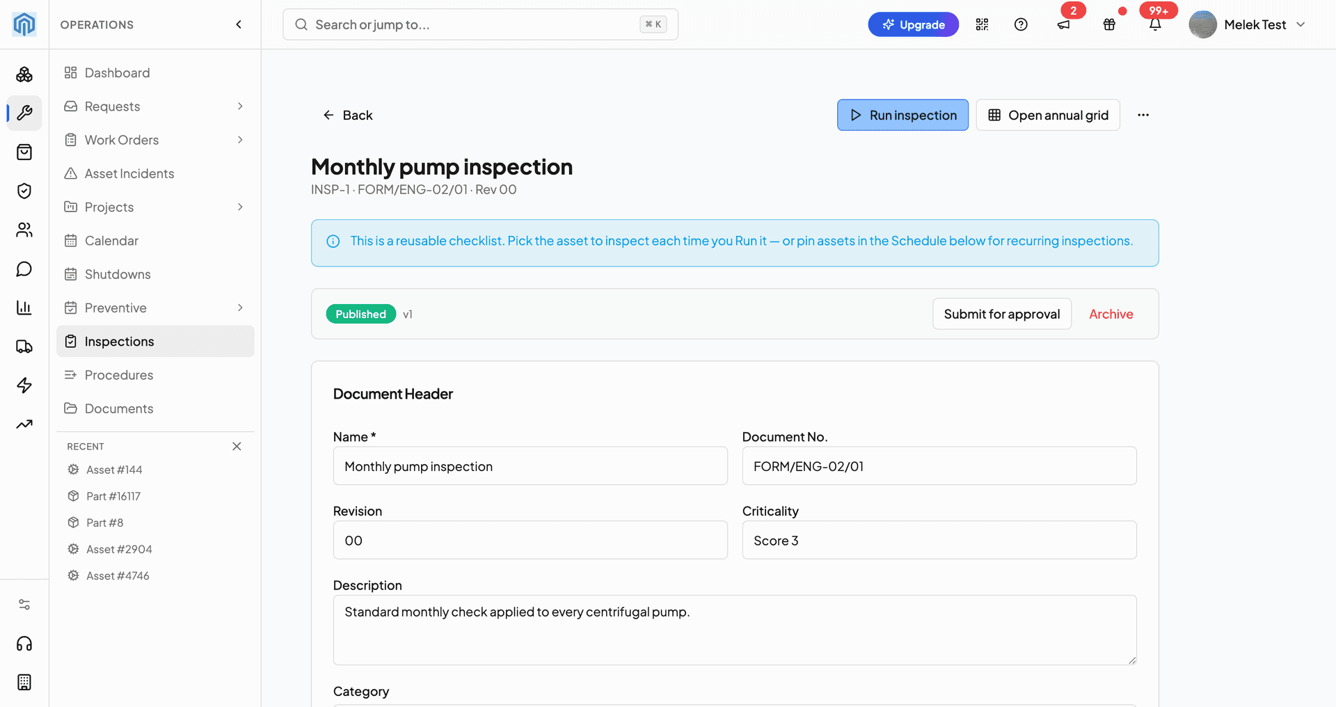 Inspection template builder document header