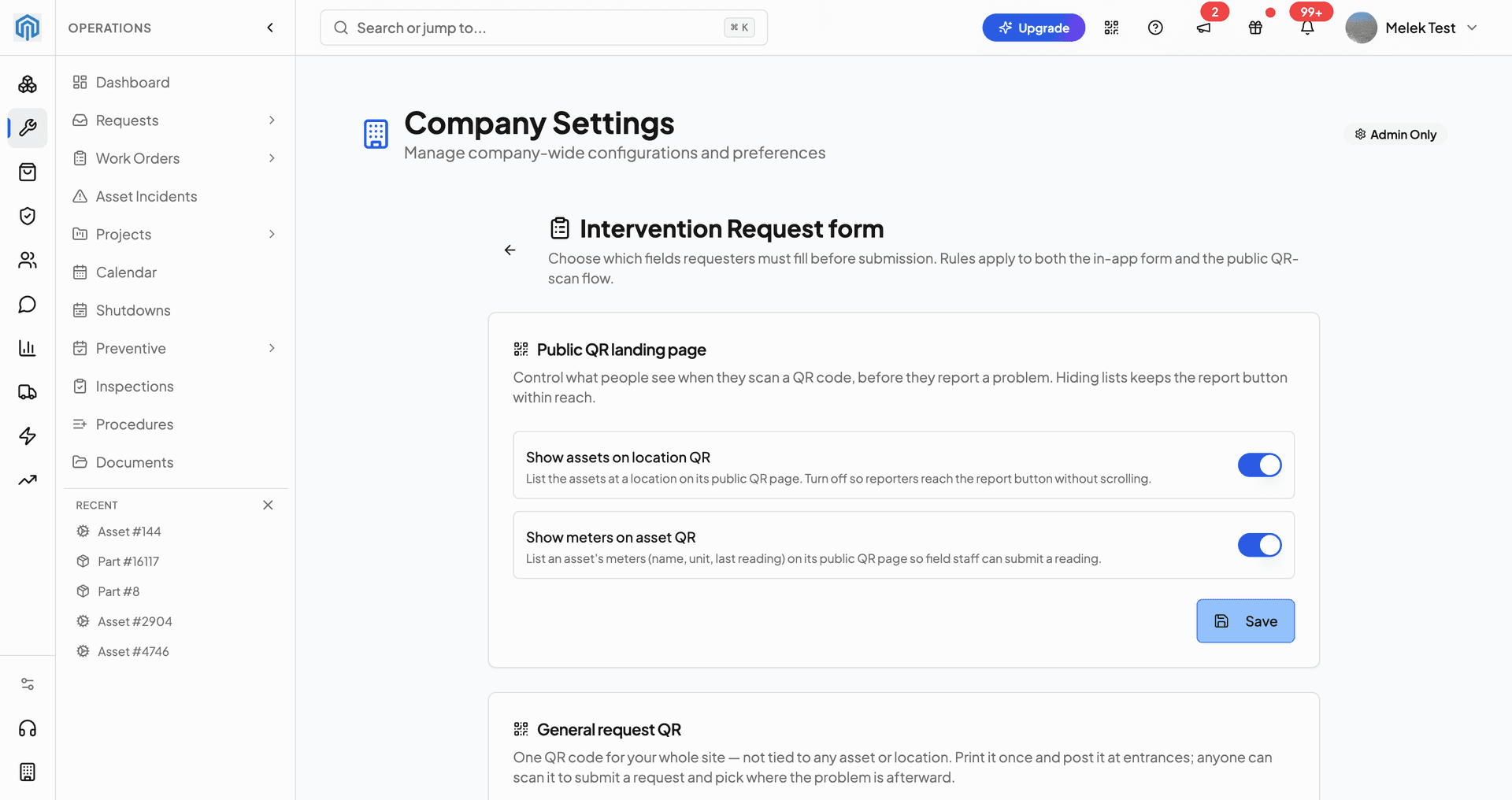 Intervention Request form settings