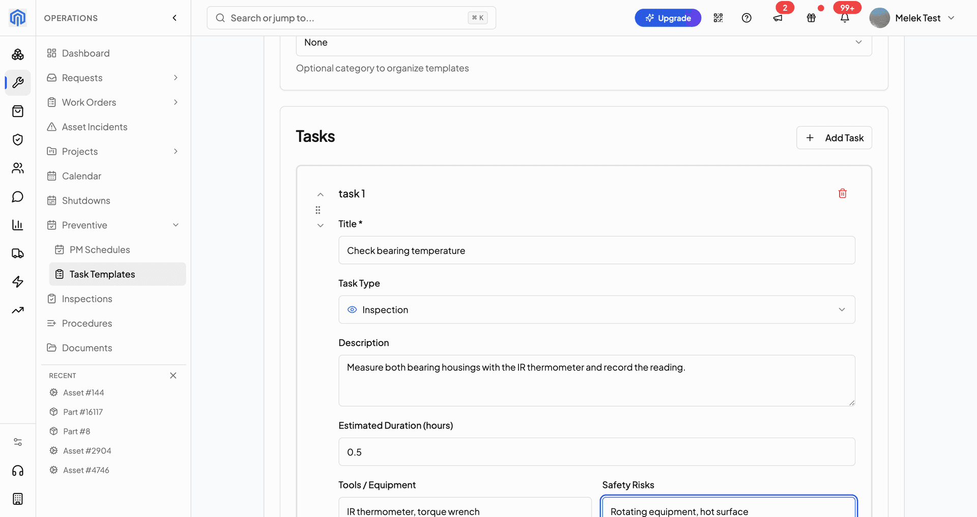 Task Template editor with the per-task fields