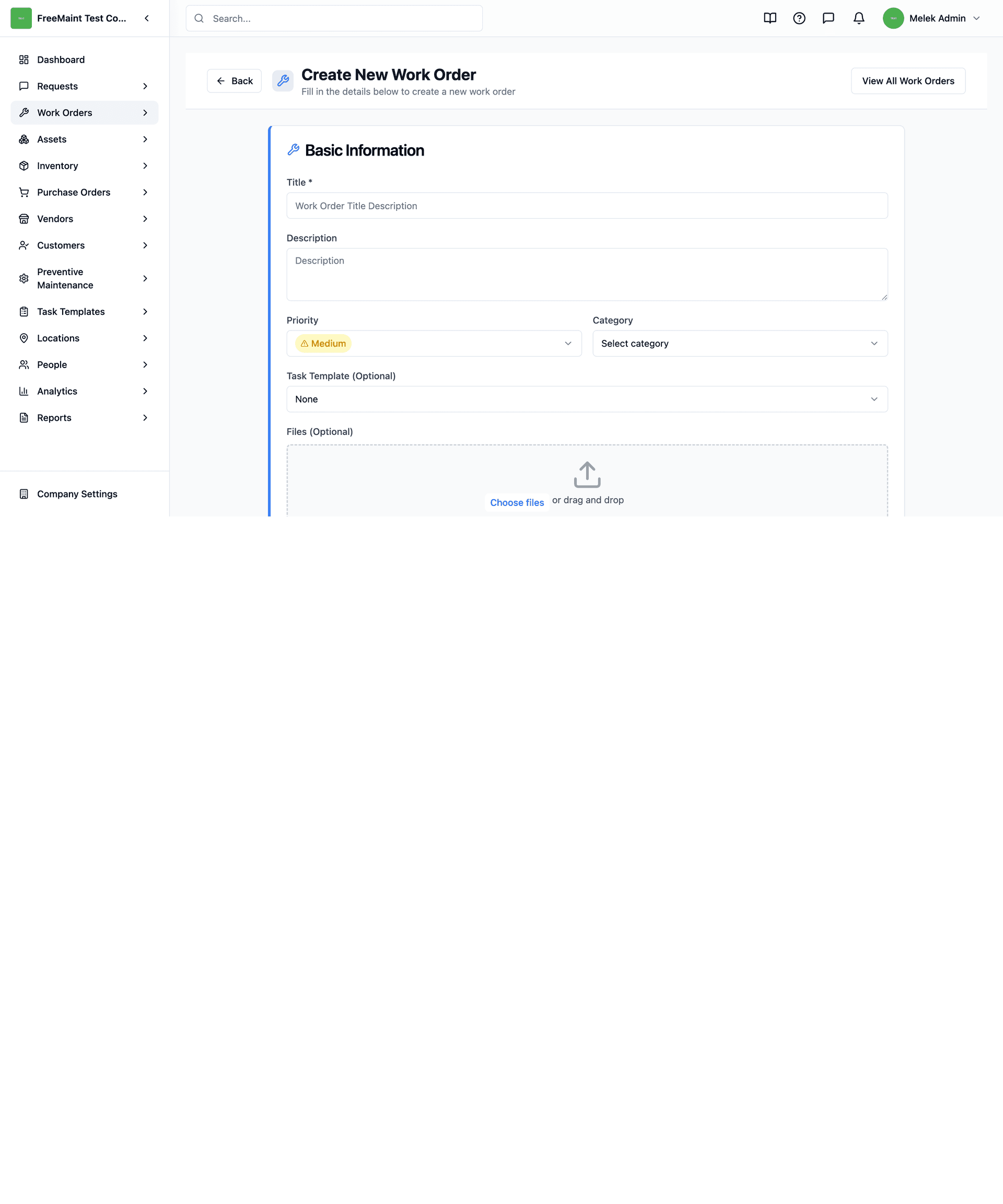 Work Order Creation Form