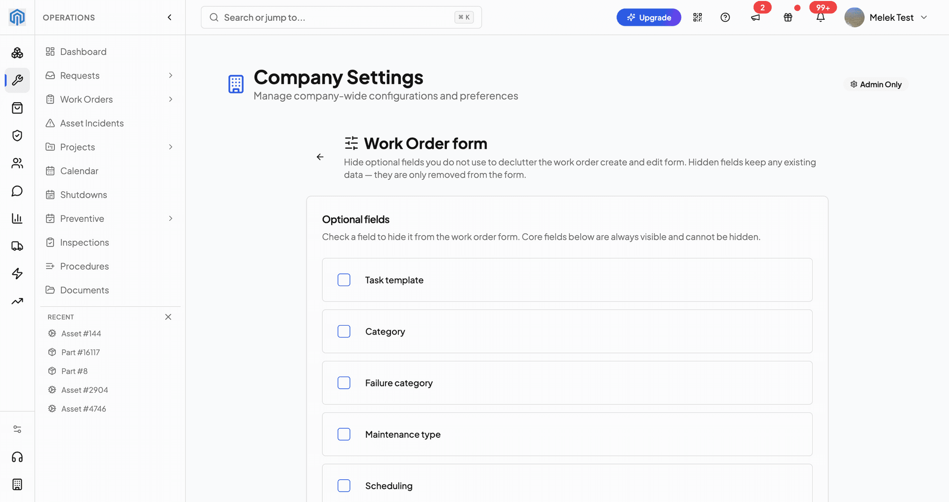 Work Order form field visibility settings